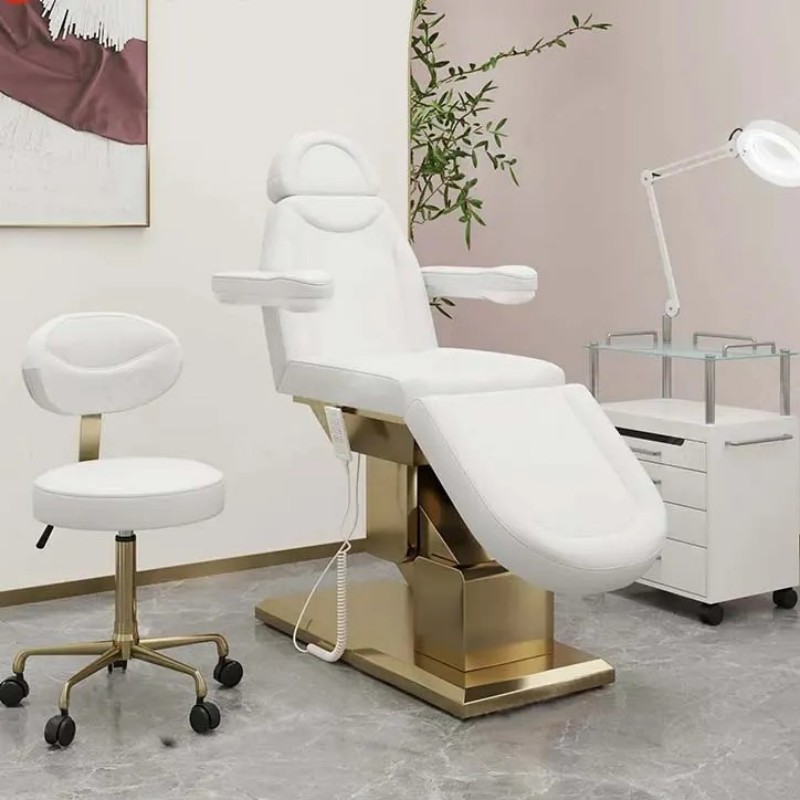 Hot selling beauty salon equipment metal golden stainless steel base electric beauty massage table with magnifying glass